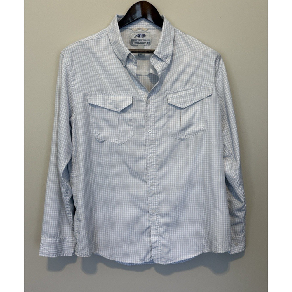 AFTCO Shirt Men L White Gray Plaid Performance Fishing Long Sleeve Button-Down